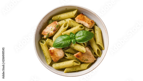 Penne pasta with grilled chicken and basil pesto sauce in a bowl