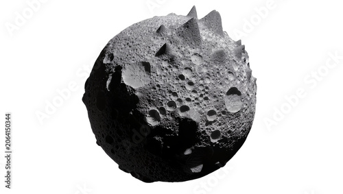 Photography Cratered asteroid with sharp peaks, gray rocky surface
