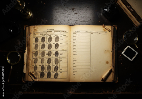 Overhead view of an open vintage fingerprint record book on a dark desk