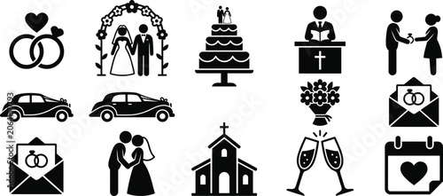Set of black and white wedding celebration icon elements.