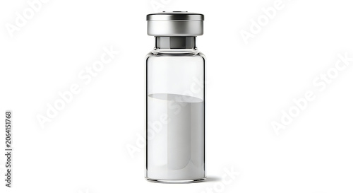 Empty glass vial with metal cap on white background