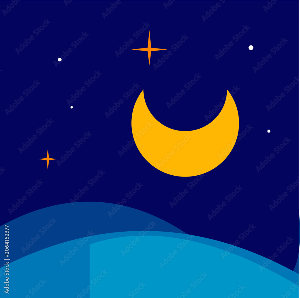 Naklejka premium Minimalist night desert landscape with a yellow crescent moon and stars over rolling blue dunes.