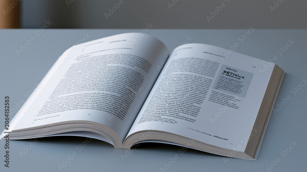 Fototapeta premium Long-form white paper layout with two-column body text, numbered section headers, sidebar statistics callout, and bibliography footer, professional publishing template for