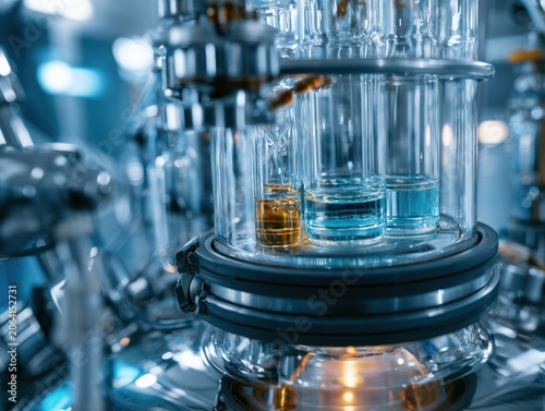 Laboratory bioreactor with blue and gold peptide solutions in glass vessels. Clinical anti-aging dermatology skincare manufacturing and innovation concept.
