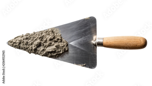 Steel trowel with wet concrete mixture and wooden handle