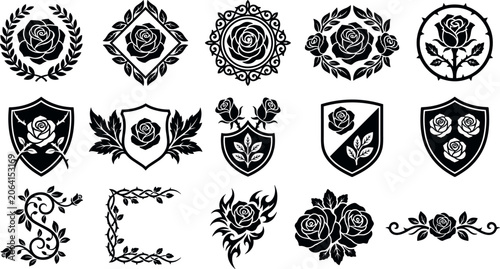 Rose Heraldry Crest and Emblem Silhouette Vector Collection Featuring Shields Laurels Borders and Vintage Floral Ornaments for Branding and Logo Designs
