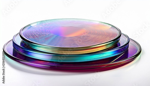 Precise Elegant Iridescent Discs Glass Plates Isolated On White Background
