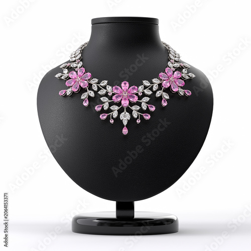 An elegant necklace of diamonds and rubellites in the shape of cherry blossoms on a leather stand in the form of a bust on a white background. Frontal view. Jewelry showcase. 3d rendering.
