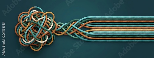 Tangled Colorful Ropes Untangling and Straightening into Parallel Lines, Symbolizing Order from Chaos and Organized Structure