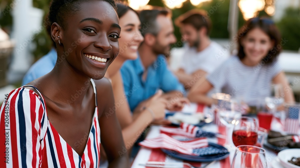 Obraz premium Smiling woman at outdoor social gathering with friends
