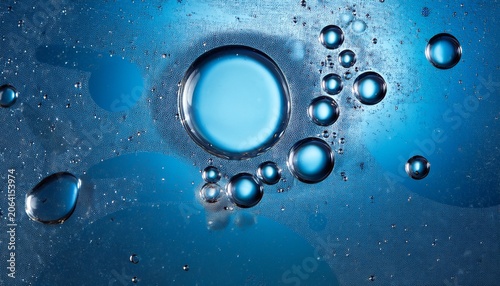 Close Up Macro Photo Of Water Drops Or Oil Bubbles On Blue Background