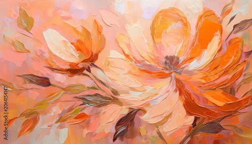 Abstract Floral Oil Painting With Impasto Texture In Peach And Orange Tones