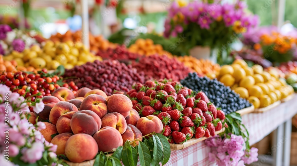 Fototapeta premium Vibrant summer market stall featuring fresh peaches and assorted berries