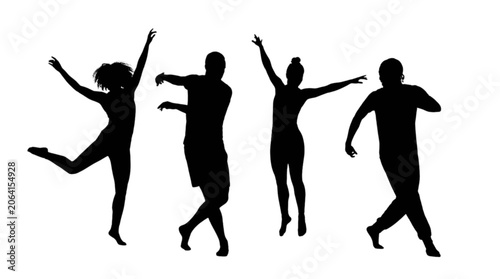 Fotografie Four people dancing joyfully with arms raised in mid-air silhouette style isolat