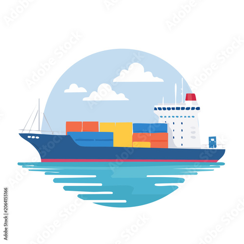 Flat design cargo ship with containers and crane