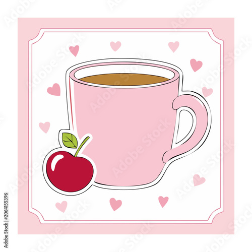 Pink Coffee Cup and Red Apple with Hearts Illustration