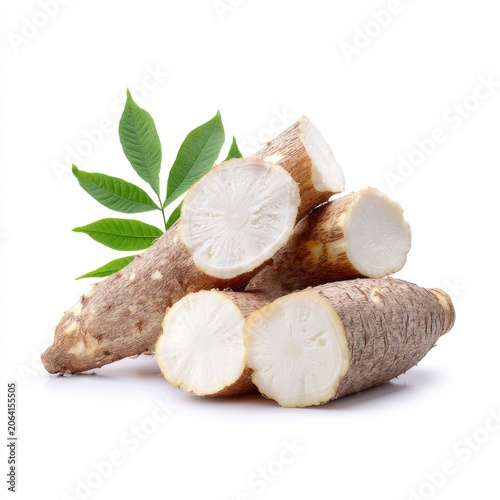 Fresh Cassava Roots Cut in Half with Green Leaves Isolated on White Background for Food and Culinary Use
