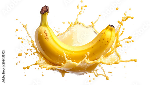 Ripe Banana Splashing into Yellow Liquid on White Background.