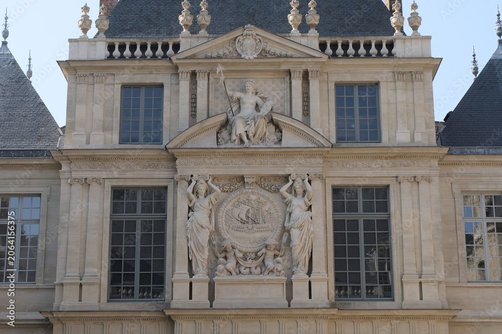 Fototapeta premium Classical/Neoclassical building façades, columns, pediments, Statues, Greco-Roman shapes and design, Ornaments... From this Architectural style inspired by Classical Antiquity. Mostly taken in Paris.