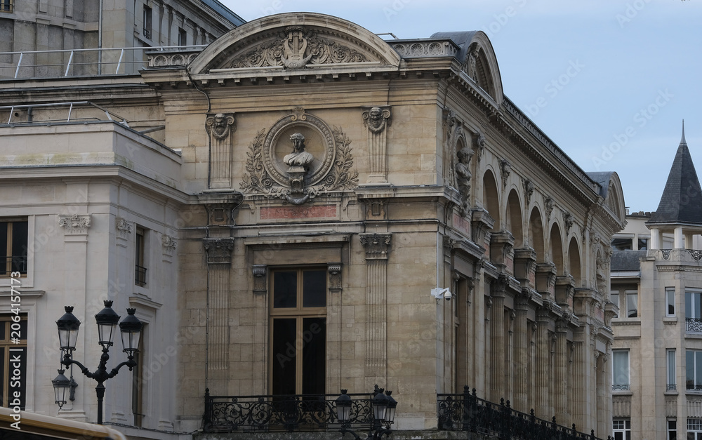 Fototapeta premium Classical/Neoclassical building façades, columns, pediments, Statues, Greco-Roman shapes and design, Ornaments... From this Architectural style inspired by Classical Antiquity. Mostly taken in Paris.