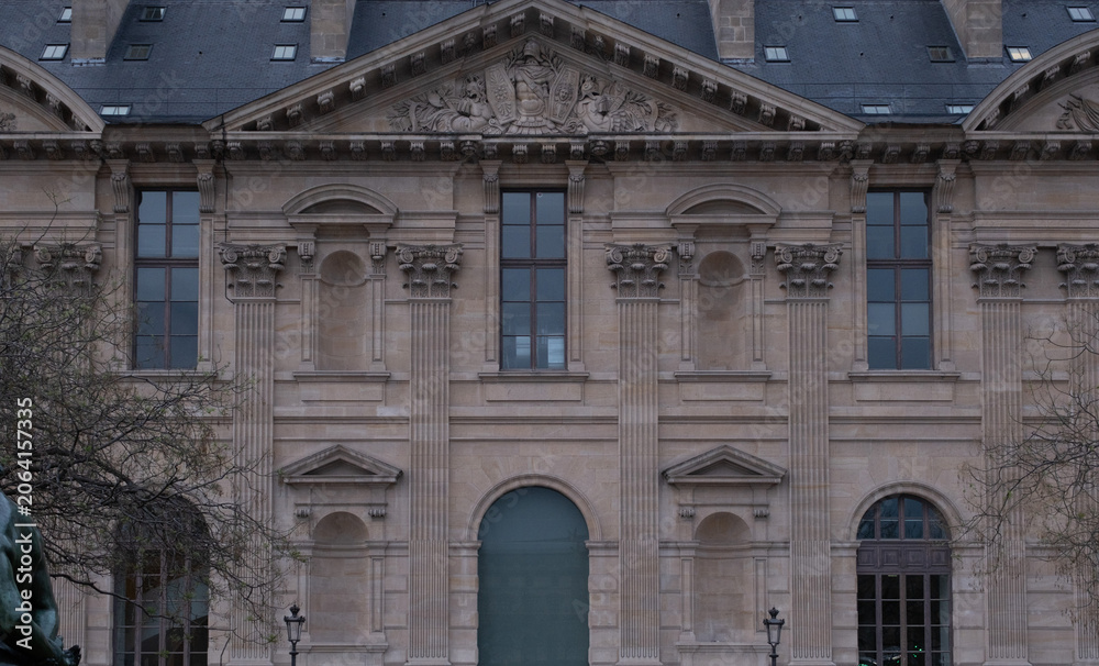 Fototapeta premium Classical/Neoclassical building façades, columns, pediments, Statues, Greco-Roman shapes and design, Ornaments... From this Architectural style inspired by Classical Antiquity. Mostly taken in Paris.