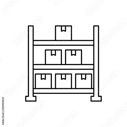 Warehouse shelves icon with cardboard boxes on metal racks, minimalist black outline storage pallet symbol isolated on white background for logistics and inventory management design.