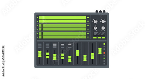 Professional Digital Audio Mixer Console Flat Illustration. Sound Board for Music Production, Recording Studio, and Podcast Equipment.