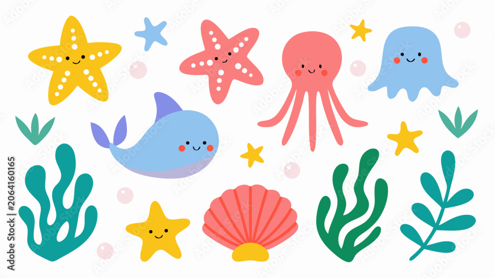 Obraz premium Sea life vector set, cute cartoon ocean animals and marine elements for kids design projects