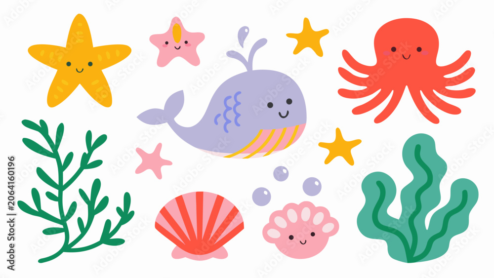 Fototapeta premium Sea life vector set, cute hand drawn ocean animals and marine elements for kids design projects