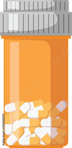 Orange Pill Bottle with Capsules Flat Illustration. Clean Icon Design Element Isolated on White Background