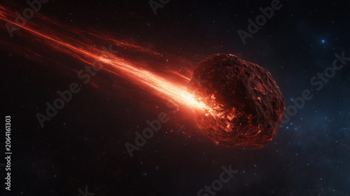 Glowing meteor traveling through space leaving fiery trail against dark cosmic background. Asteroid motion concept