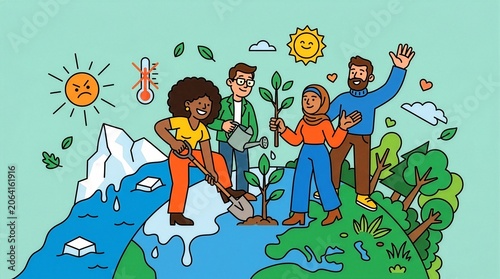 Diverse volunteers planting trees for environmental conservation