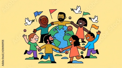 Diverse people around globe promoting peace unity and global community