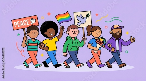 Diverse people marching for peace equality and community solidarity
