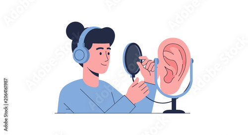Woman with Headphones Inspecting a Giant Human Ear with a Magnifying Glass - ASMR, Audio Engineering, and Hearing Health Concept Vector Illustration