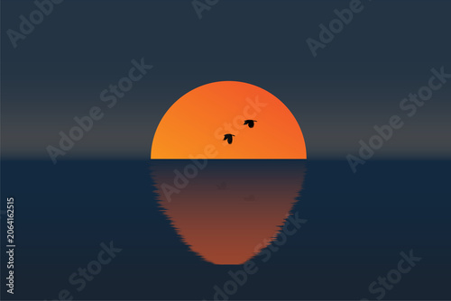 Minimalist sunset over calm ocean with flying birds and glowing reflection, serene nature landscape illustration ideal for travel, wellness, meditation, wall art, branding, and background design.