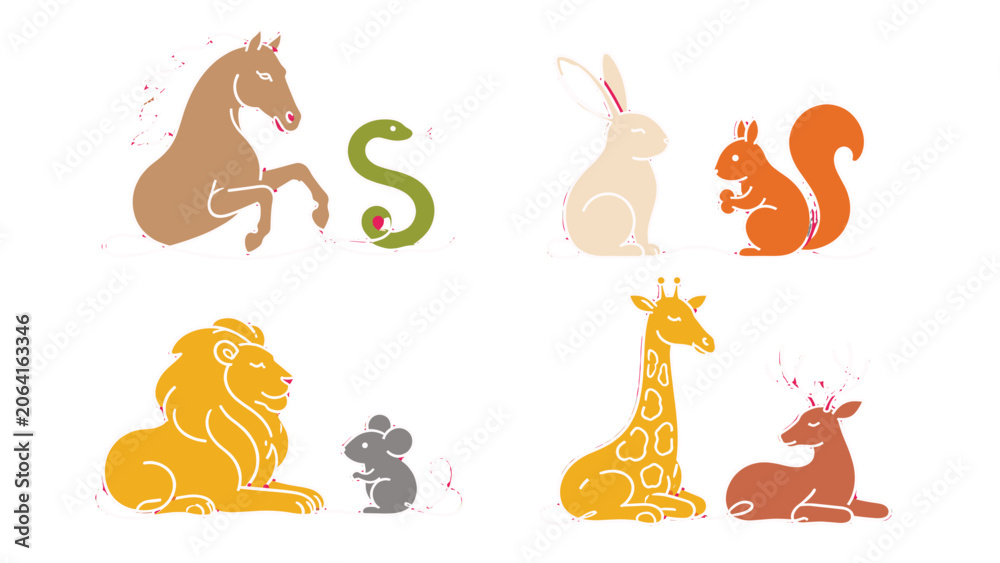 Fototapeta premium Cute cartoon wild and domestic animals set in simple vector style