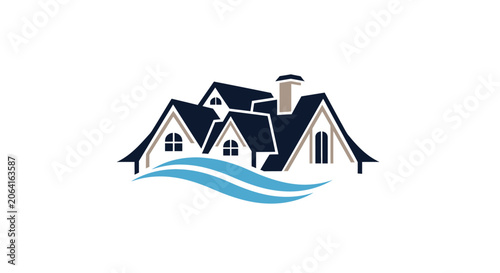 Harmonious residential complex icon featuring stylized homes and a dynamic wavy base, perfect for real estate, housing, and waterfront property branding