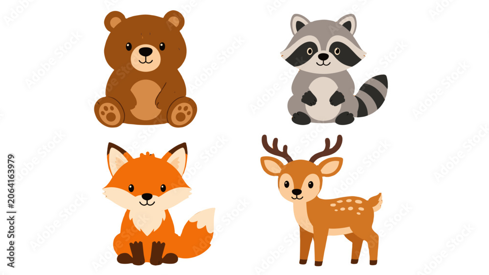 Obraz premium Cute woodland animal cartoon set with bear raccoon fox and deer