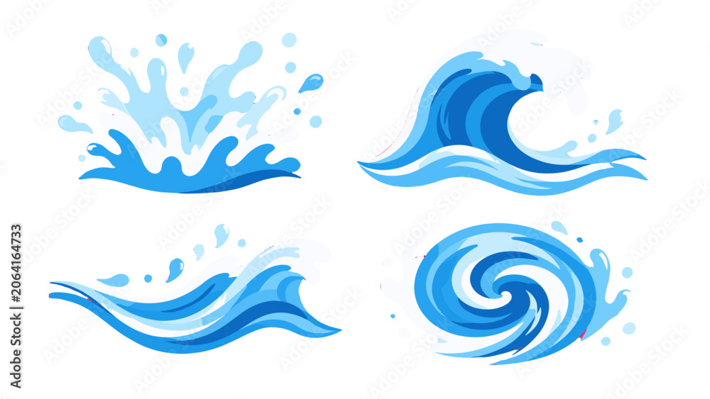 Fototapeta premium Blue water splash and wave set in stylized vector design