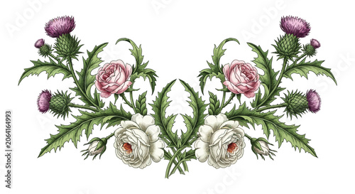 Canvas Print Floral Ornament With Roses And Thistles Vintage Vector Illustration