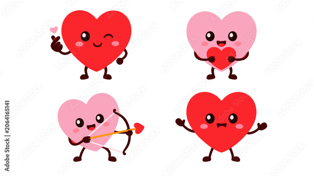 Fototapeta premium Cute heart mascot characters set in kawaii cartoon style