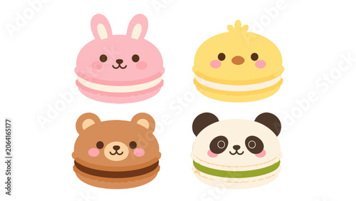 Cute animal macaron set with rabbit chick bear and panda