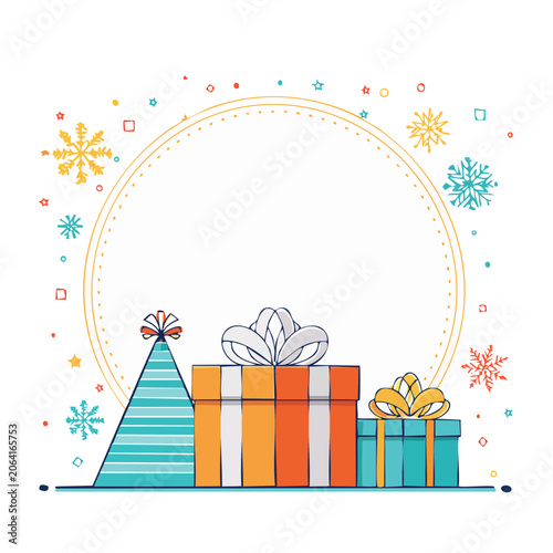 Celebration gift boxes with party hat and snowflakes