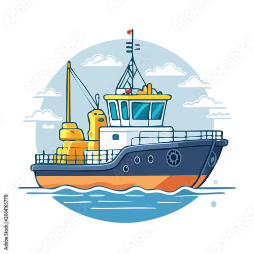 Cartoon cargo ship with crane and containers