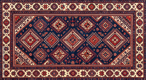 Geometric oriental carpet pattern in navy blue and red