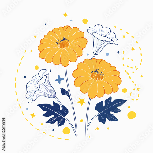 Yellow and Blue Floral Illustration with Stars and Dots