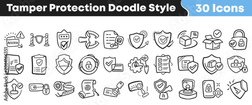 Foto Set of thirty hand drawn tamper protection icons for security