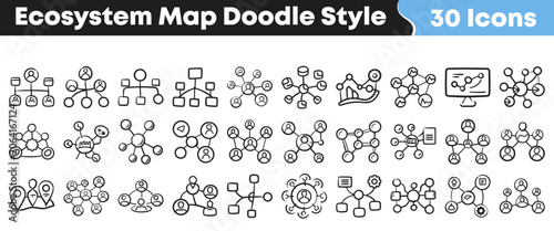 Hand drawn black and white ecosystem map doodle icon set