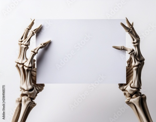 two spooky skeleton hands emerge from a plain white background presenting a blank white horizontal card with copy space for custom text or seasonal message